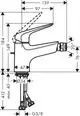 Einhebel-Bidetmischer mit Zugstangen-Ablaufgarnitur in Chrom von Hansgrohe, mit technischen Maßen und Anschlussinformationen im schematischen Format.